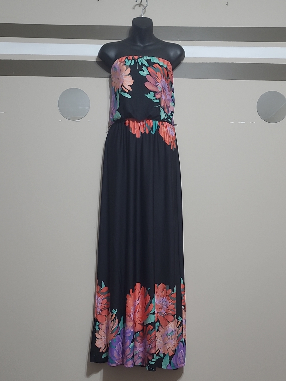 Stooshy Black Strapless Maxi Dress with Coral, Purple & Teal Floral Print Sz XL